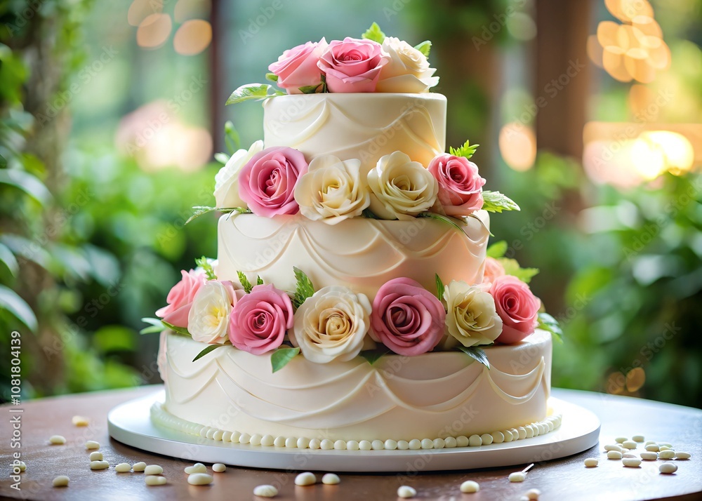 A three-tier wedding cake with pink roses and buttercream frosting A three-tier wedding cake with pink roses and buttercream frosting
