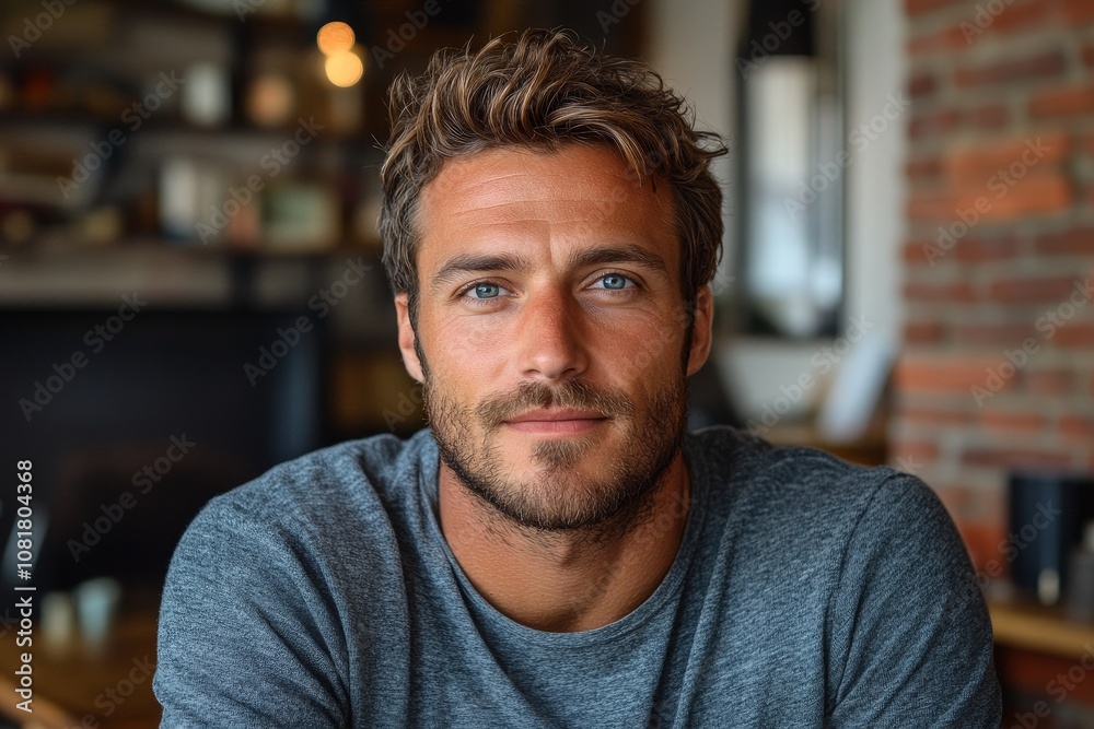 minimalistic portrait of handsome caucasian brunette man at home, lifestyle