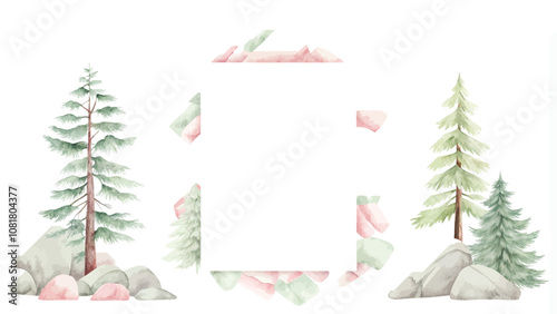 Watercolor Christmas trees and snowflakes on a white background.
