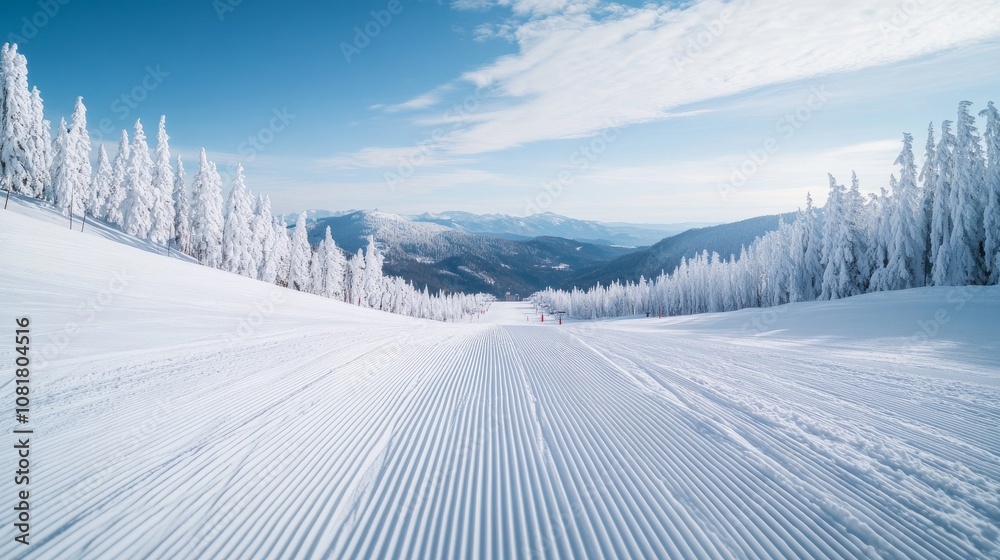 A picturesque outdoor ski slope with freshly groomed snow, marked trails, and a mountainous backdrop A picturesque outdoor ski slope with freshly groomed snow, marked trails, and a mountainous backdrop