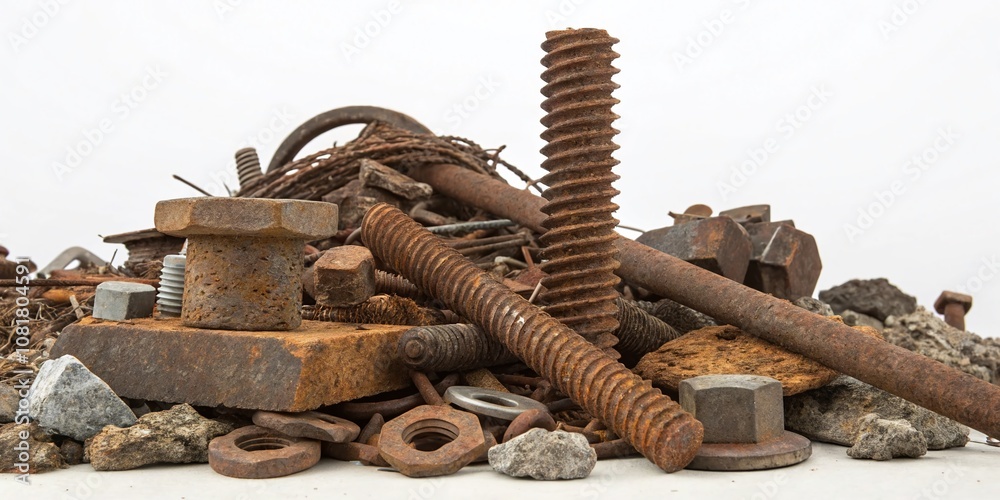 A Pile of Assorted Metal Scrap and Debris on a White Background – Industrial Waste Composition for Creative Projects and Environmental Awareness in Metal Recycling Industry A Pile of Assorted Metal Scrap and Debris on a White Background – Industrial Waste Composition for Creative Projects and Environmental Awareness in Metal Recycling Industry