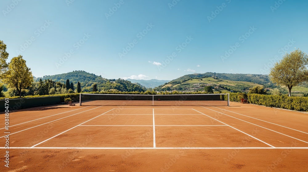 Obraz premium A picturesque outdoor tennis court with red clay surface, white lines, and a backdrop of green hills and clear sky