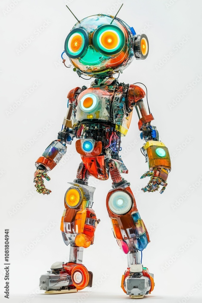 Colorful robot with glowing eyes stands on white background. Colorful robot with glowing eyes stands on white background.