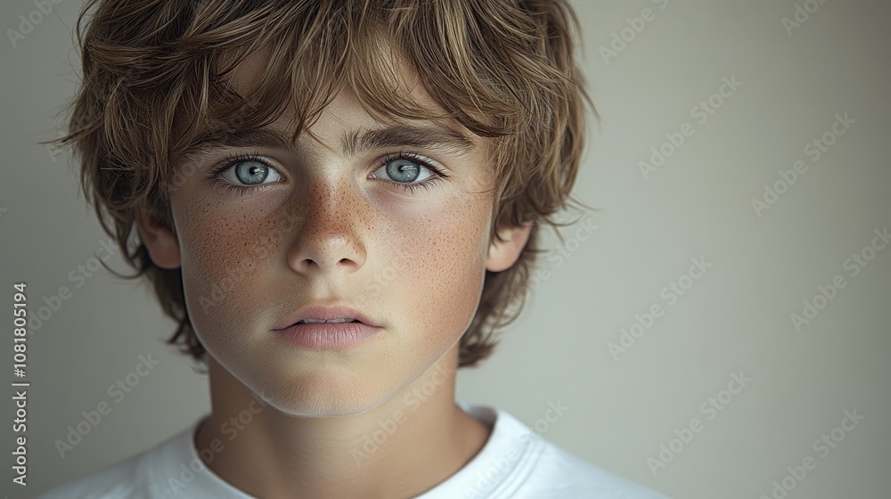 Close-up of a young boy with intense blue eyes and freckles, conveying a sense of innocence and curiosity.