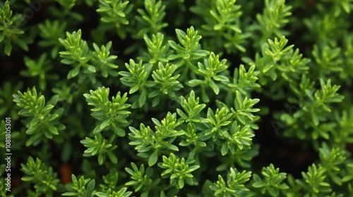 Dense bush with tiny green leaves, forming a textured and vibrant plant background