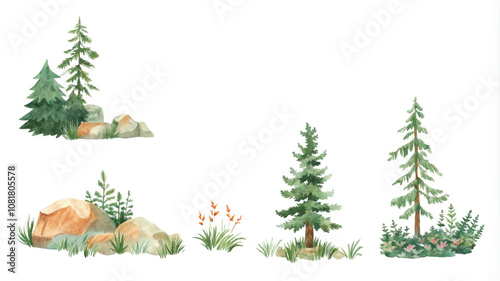 Watercolor set of coniferous trees and bushes. Vector illustration.