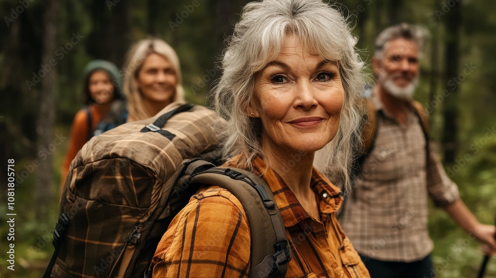 A group of smiling seniors hiking through a lush forest, enjoying nature and companionship, promoting active and healthy living.