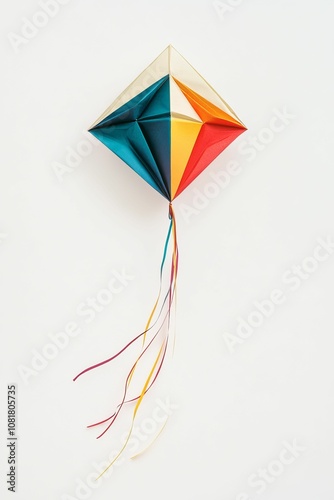 Colorful origami kite with flowing strings.