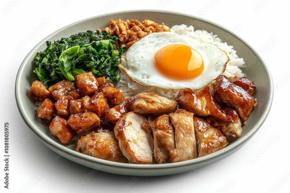 Fried egg, chicken, rice, greens, bowl. Fried egg, chicken, rice, greens, bowl.