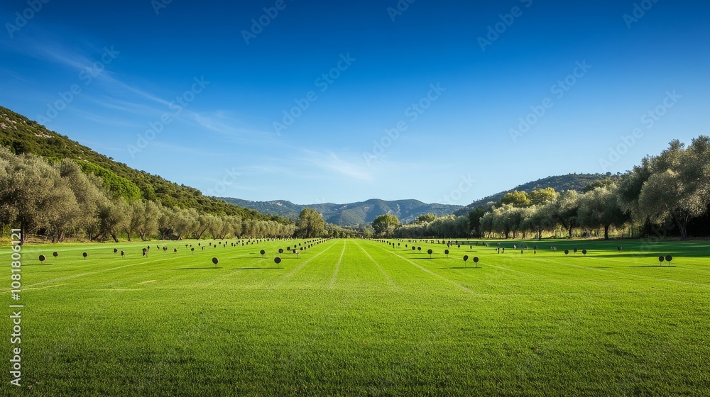A pristine outdoor archery range with neatly arranged targets, vibrant green grass, and clear skies A pristine outdoor archery range with neatly arranged targets, vibrant green grass, and clear skies