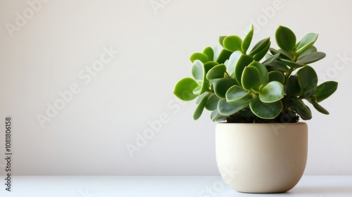 A small jade plant with round, fleshy green leaves, resting on a clean white surface