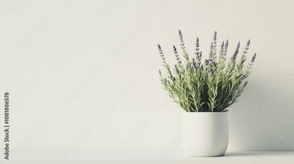 A small potted lavender plant with light green leaves, placed on a minimalist white surface with copyspace A small potted lavender plant with light green leaves, placed on a minimalist white surface with copyspace