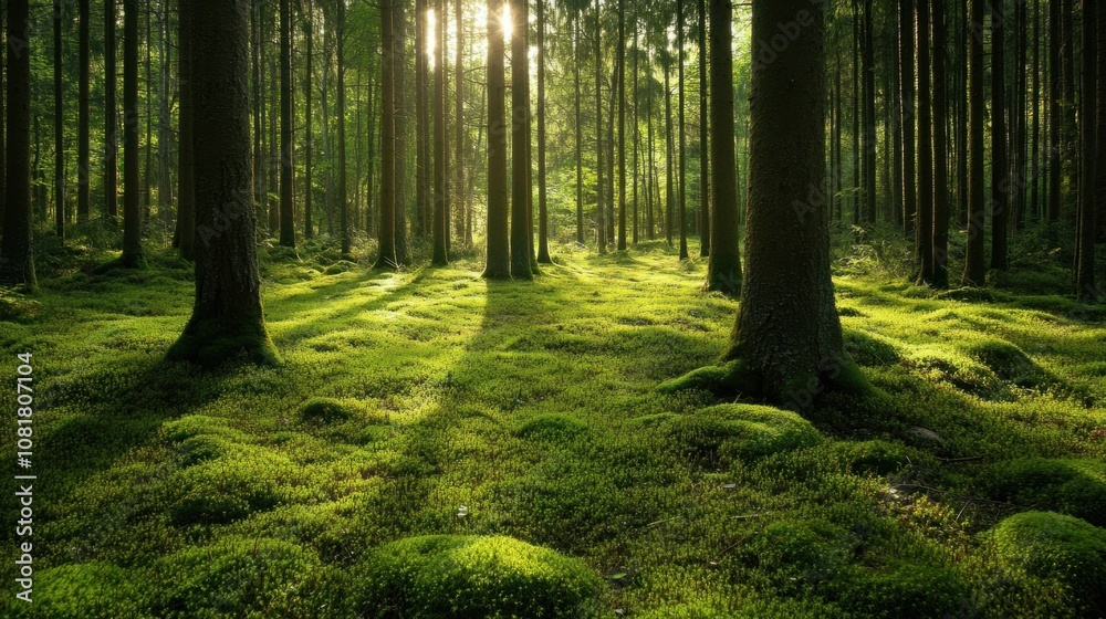 Fototapeta premium Forest floor covered in lush moss, creating a vibrant and earthy plant background