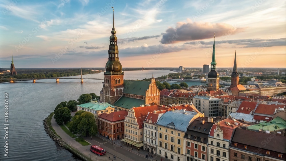 Fototapeta premium A Stunning Aerial View of the Historic Cityscape of Riga, Latvia, Showcasing the Charm of Its Old Town, Colorful Architecture, and Scenic River Landscape in a Digital Painting Style