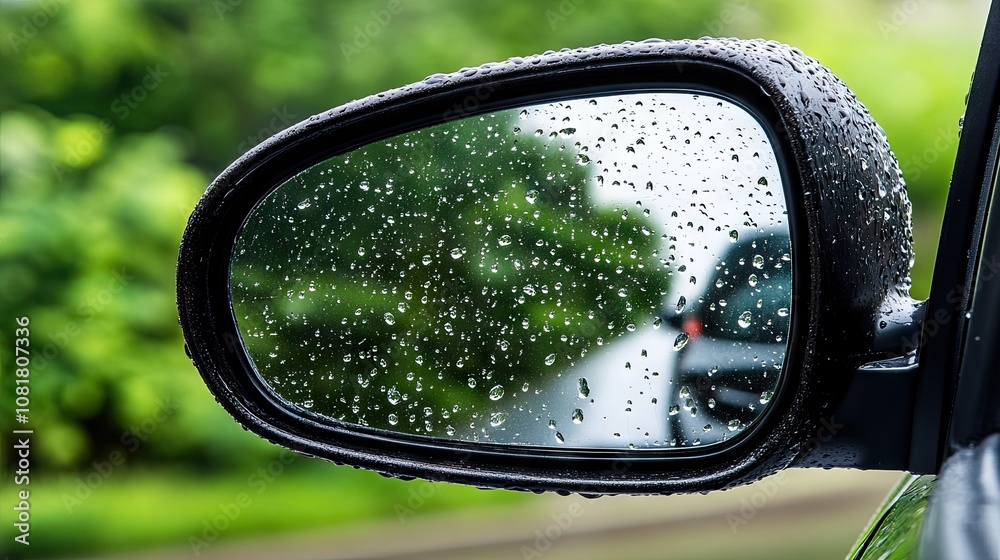 Raindrops on car side view mirror and window. Bad weather driving and journey concept Raindrops on car side view mirror and window. Bad weather driving and journey concept