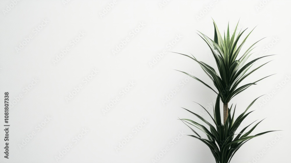 A tall dracaena plant with its thin green leaves, placed on a minimalist white background with copyspace