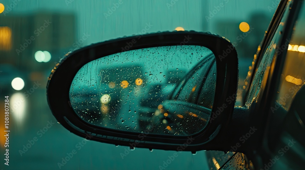 Raindrops on car side view mirror and window. Bad weather driving and journey concept 