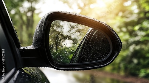 Raindrops on car side view mirror and window. Bad weather driving and journey concept  photo