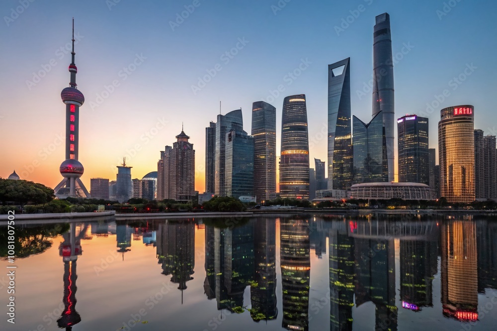 Fototapeta premium A Stunning Futuristic Cityscape Featuring Skyscrapers and Reflections in a Dazzling Urban Environment, Emphasizing the Rule of Thirds for Maximum Visual Impact