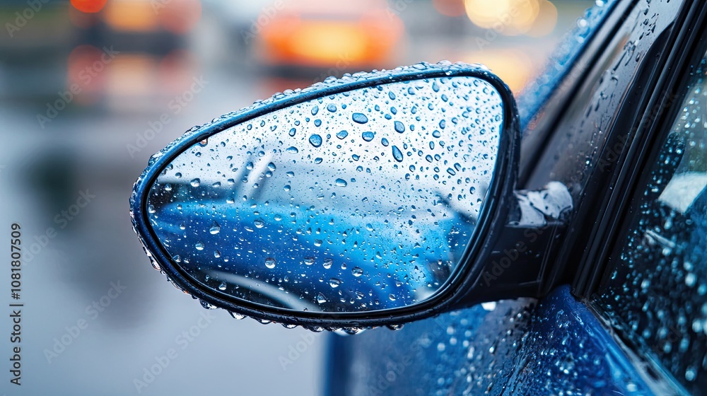 Raindrops on car side view mirror and window. Bad weather driving and journey concept Raindrops on car side view mirror and window. Bad weather driving and journey concept