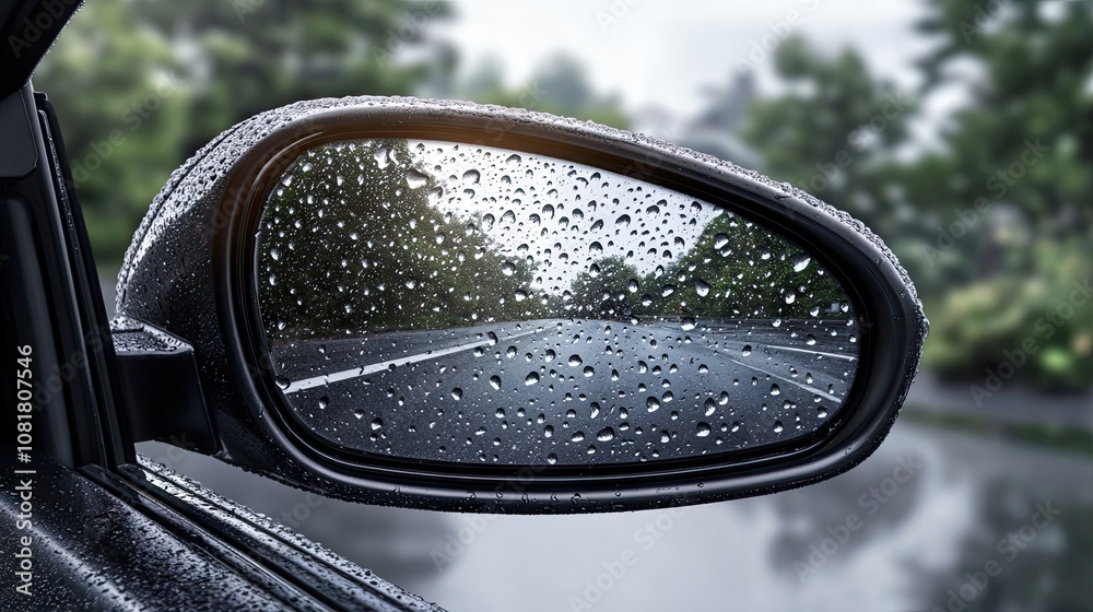 Raindrops on car side view mirror and window. Bad weather driving and journey concept Raindrops on car side view mirror and window. Bad weather driving and journey concept