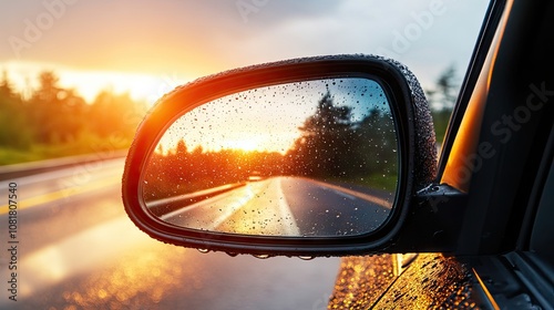 Raindrops on car side view mirror and window. Bad weather driving and journey concept  photo