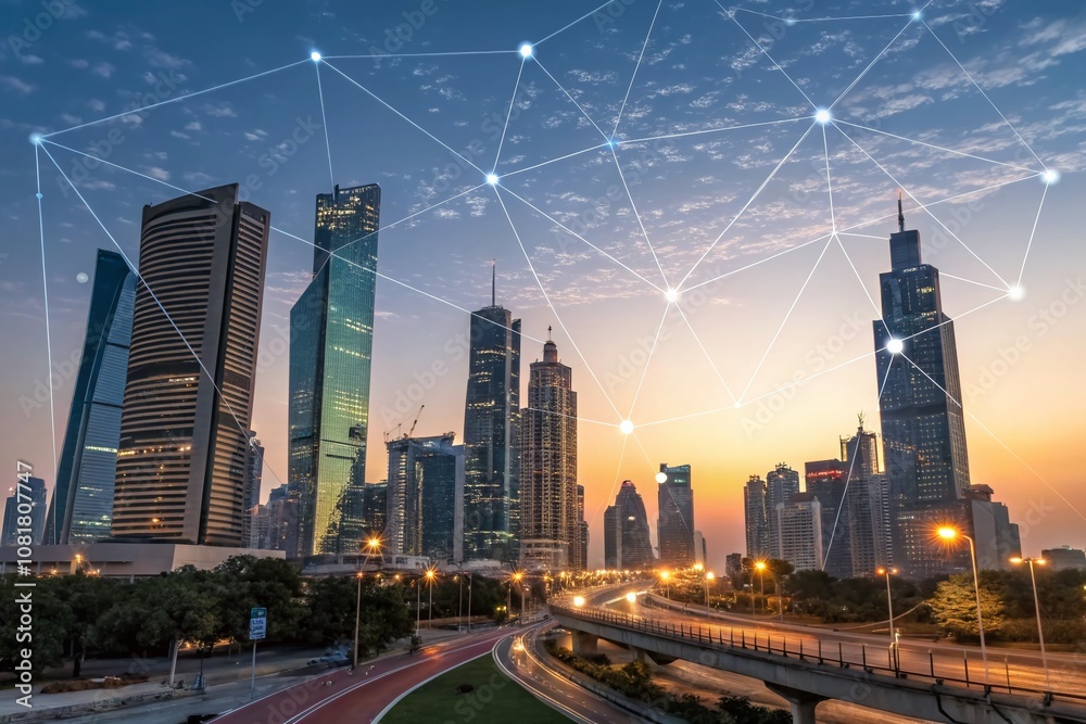 Obraz premium A Stunning Modern Cityscape at Dusk with a Digital Network Overlay Showcasing Urban Innovation and Connectivity in a Vibrant Night Scene
