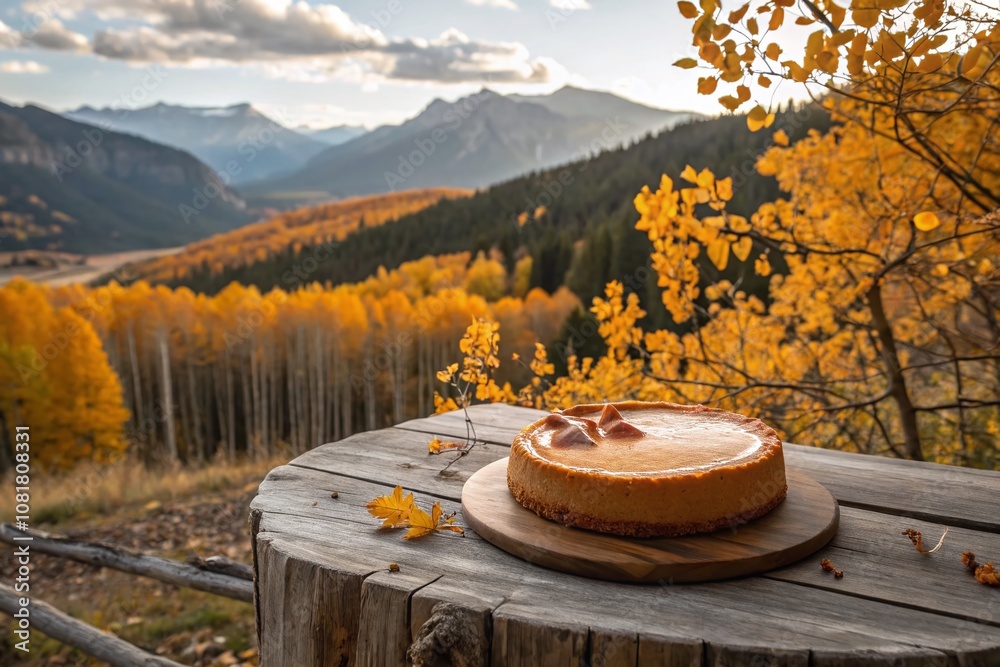 Fototapeta premium Autumn Harvest Delight: A Beautifully Styled Pumpkin Cheesecake Surrounded by Fall Leaves, Rustic Decor, and Warm Lighting for a Cozy Seasonal Vibe