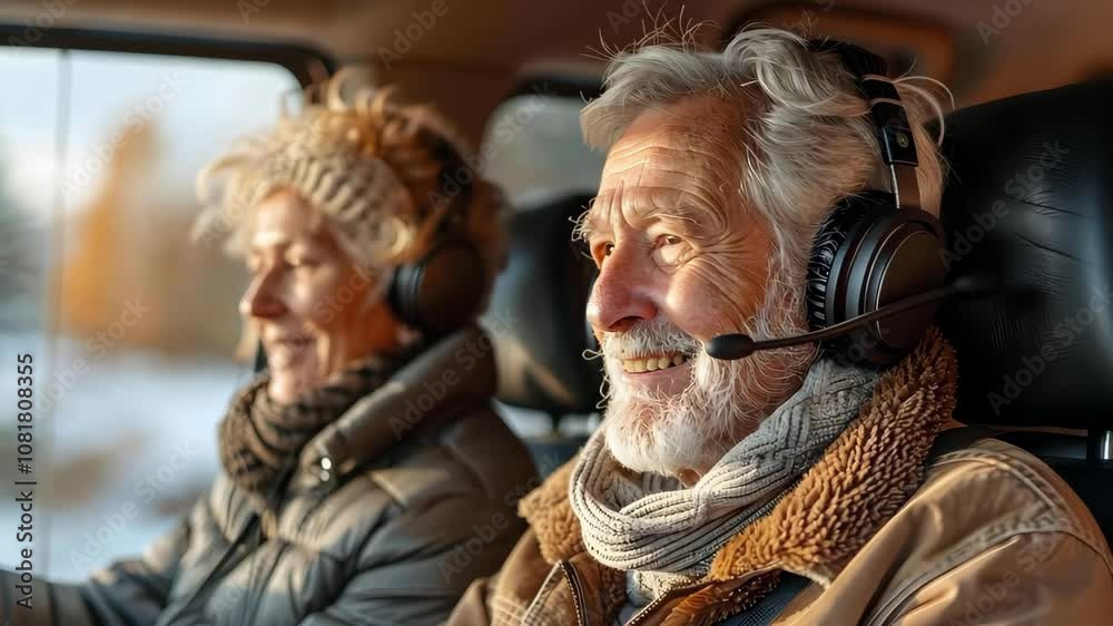 A happy elderly couple wearing headsets, sitting together in a vehicle, looking engaged and enjoying their time. A happy elderly couple wearing headsets, sitting together in a vehicle, looking engaged and enjoying their time.