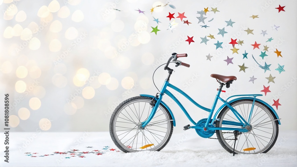 Fototapeta premium A Vibrant Blue Bicycle Surrounded by Colorful Stars on a White Background for Conceptual Photography Inspiration