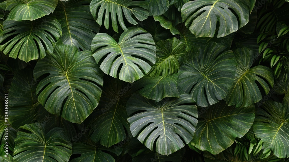 Naklejka premium Jungle plants with large leaves and layered greens, creating a tropical and rich background