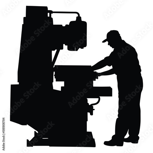 A man is working on a machine. The machine is black and has a large wheel. The man is wearing a hat