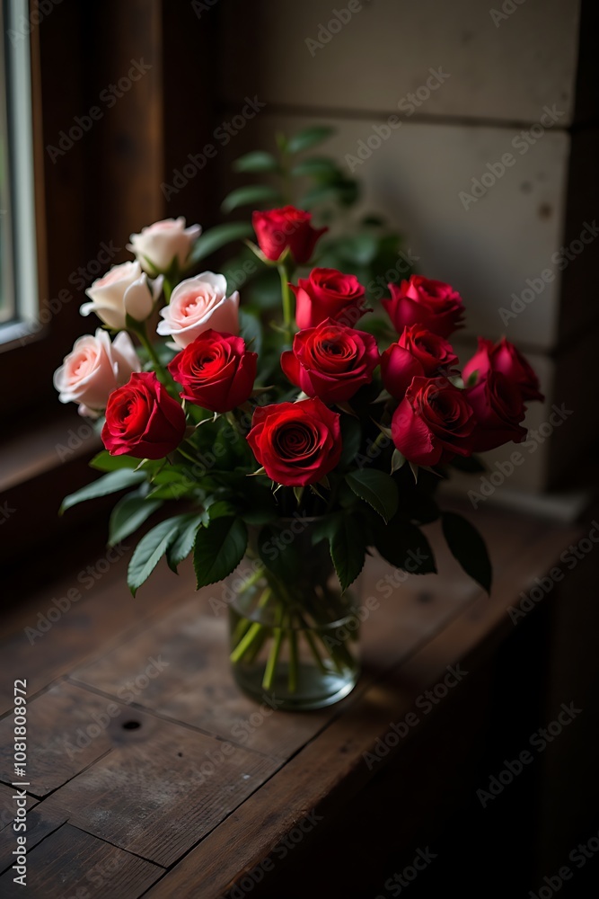 Beautiful bouquet of red and pink roses in a vase on a wooden table with natural light Beautiful bouquet of red and pink roses in a vase on a wooden table with natural light