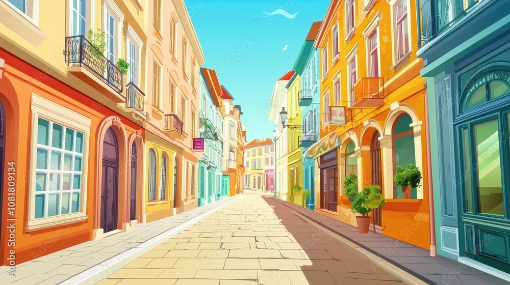Fototapeta premium Colorful European City Street with Shops and Balconies