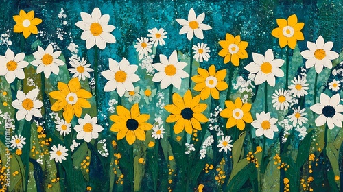 Vintage yellow and white daffodils and daisies illustration poster background