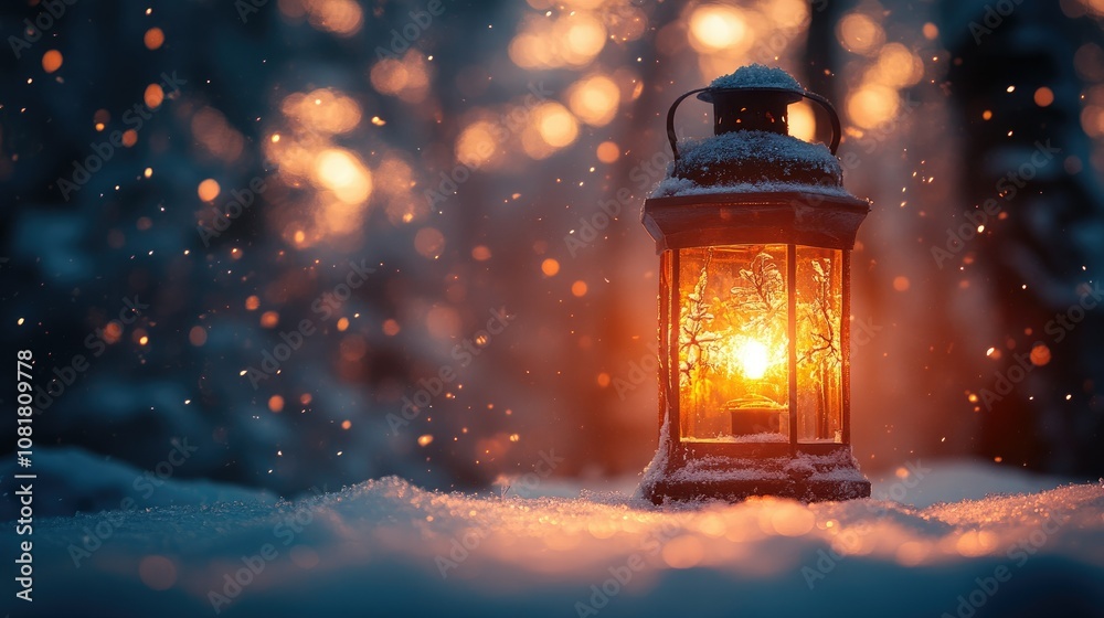 A glowing lantern sits on a snowy ground with a bokeh background of lights and trees.