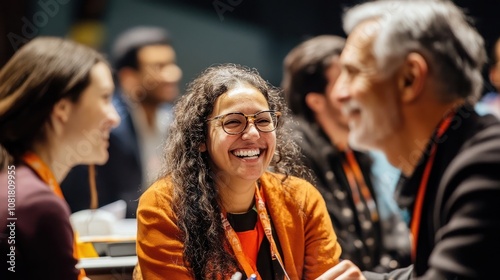 A woman with glasses smiles brightly in a group of people.
