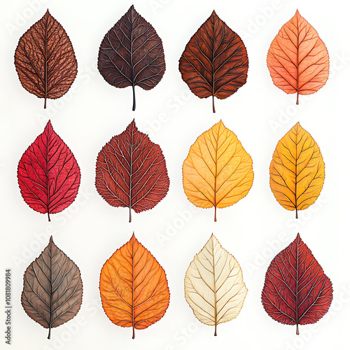 A vibrant collection of autumn leaves arranged artistically on a white background showcasing various colors and textures