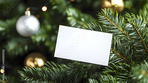 Mock up template blank empty new year postcard on decorated Christmas tree background.