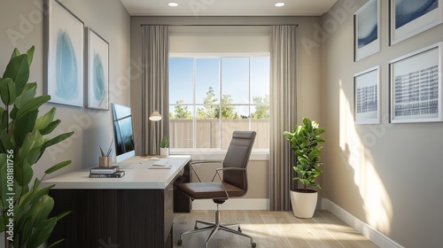 A home office with an inspiring design, featuring a clean desk, comfortable chair, and thoughtful decor for a productive work atmosphere photo