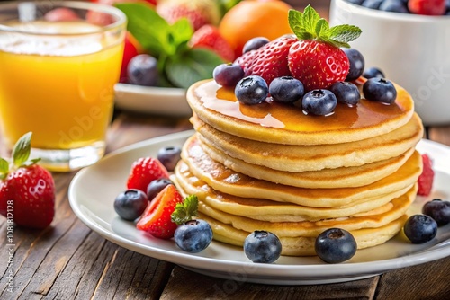 Close-up of delicious pancakes topped with berries and a glass of orange juice