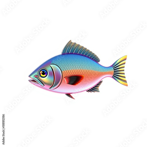 3D Wild-Caught Fish Design Element with Iridescent Glitch Effect on White Background