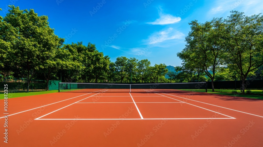 Fototapeta premium A quiet outdoor tennis court with freshly painted lines and nets, surrounded by vibrant green trees and a bright blue sky, early afternoon light enhancing the calm atmosphere