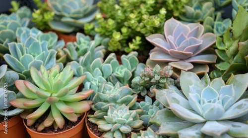 Succulents in soft focus, creating a lush and stylish plant background, with earthy tones