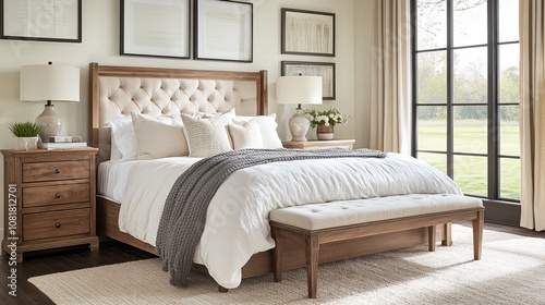 A cozy bedroom with a bed chest of drawers and a bedside bench
