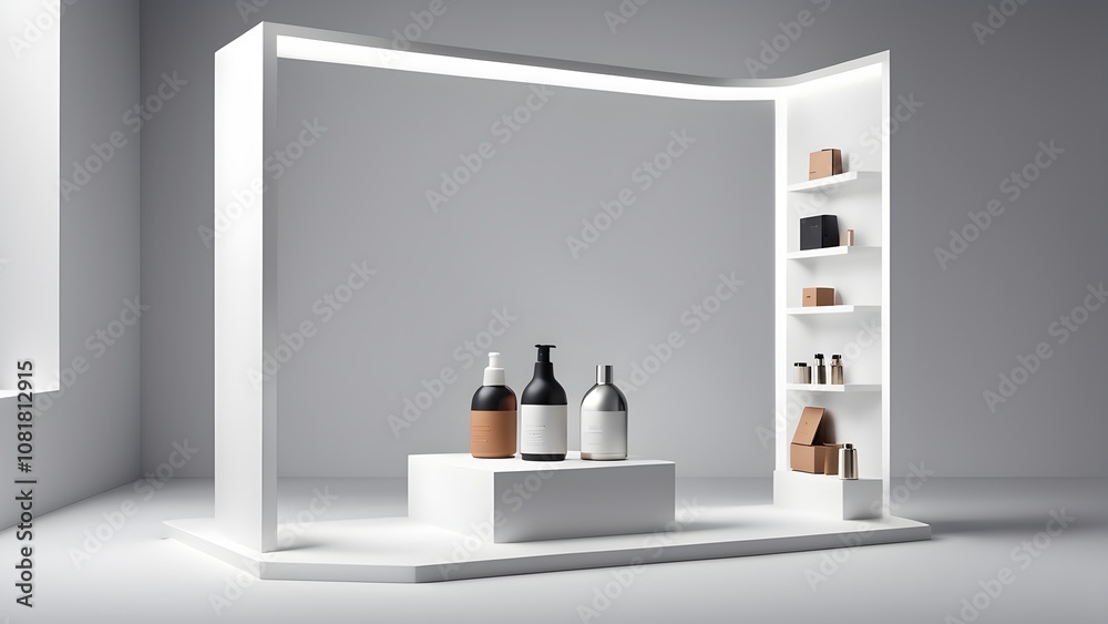 Minimalist product display stand with three bottles and boxes on shelves in a white studio. Minimalist product display stand with three bottles and boxes on shelves in a white studio.