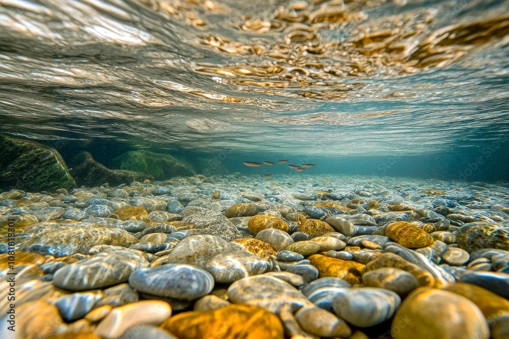 Fish swim above a riverbed of smooth stones. Fish swim above a riverbed of smooth stones.