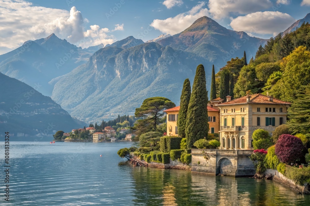 Fototapeta premium Breathtaking Architectural Photography of Lake Como, Northern Italy, Showcasing Historic Villas, Scenic Landscapes, and Majestic Mountains in a Serene Atmosphere