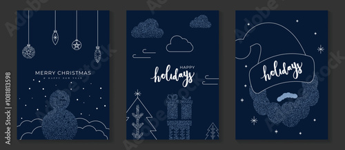 Merry Christmas and Happy New Year greeting card vector set. Luxury invitation with Christmas tree, snowman, santa, spot texture on navy blue background. Design illustration for season's card, ads.