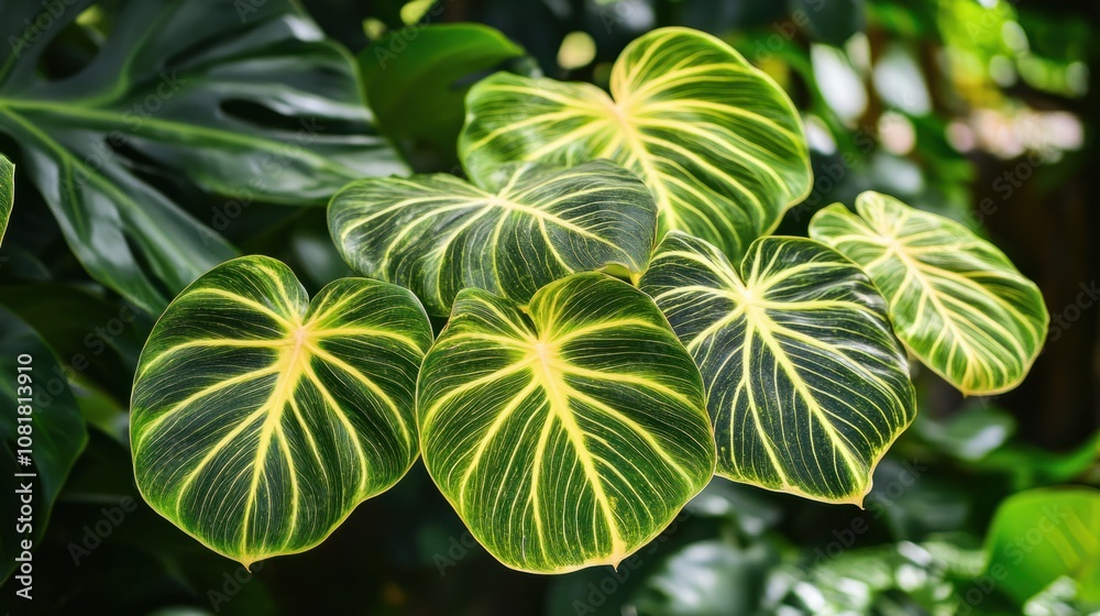 Tropical plants with large, glossy leaves, creating a refreshing and exotic background Tropical plants with large, glossy leaves, creating a refreshing and exotic background
